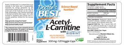 Photo of the Doctor's Best Acetyl-L-Carnitine With Biosint Carnitines 500 mg label