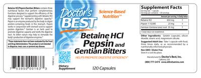 Photo of the Doctor's Best Betaine HCl Pepsin and Gentian Bitters label