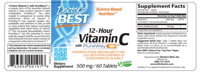Photo of the Doctor's Best 12-Hour Vitamin C With PureWay-C 500 mg label