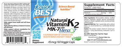 Photo of the Doctor's Best Natural Vitamin K2 MK-7 with MenaQ7 45 mcg label