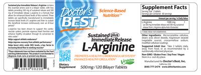 Photo of the Doctor's Best Sustained plus Immediate Release L-Arginine 500 mg label