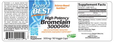 Photo of the Doctor's Best High Potency Bromelain 3000 GDU 500 mg label