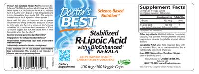 Photo of the Doctor's Best Stabilized R-Lipoic Acid 100 mg label