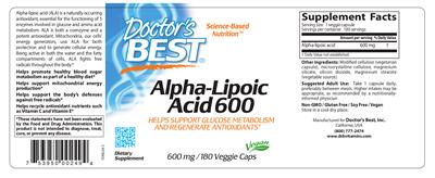 Photo of the Doctor's Best Alpha-Lipoic Acid 600 mg label