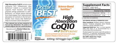 Photo of the Doctor's Best High Absorption CoQ10 With BioPerine 600 mg label