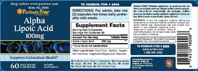 Photo of the Puritan's Pride Premium Alpha Lipoic Acid 100 mg label