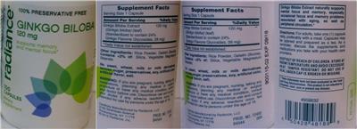 Photo of the Radiance Ginkgo Biloba 120 mg label