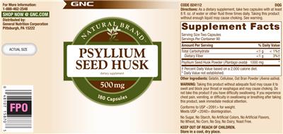 Photo of the GNC Natural Brand Psyllium Seed Husk 500 mg label