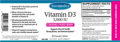 Photo of the EuroMedica Vitamin D3 5,000 IU Chewable Mixed Berry label