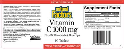 Photo of the Natural Factors Vitamin C 1000 mg Plus Bioflavonoids & Rosehips label