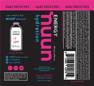 Photo of the Nuun Electrolytes Energy Wild Berry label