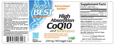 Photo of the Doctor's Best High Absorption CoQ10 with BioPerine 200 mg label