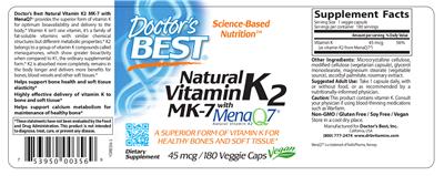 Photo of the Doctor's Best Natural Vitamin K2 MK-7 With MenaQ7 45 mcg label