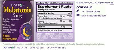 Photo of the Natrol Melatonin 5 mg label