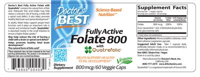 Photo of the Doctor's Best Fully Active Folate 800 with Quatrefolic 800 mcg label