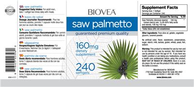 Photo of the BIOVEA Saw Palmetto 160 mg label