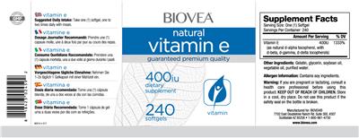 Photo of the BIOVEA Natural Vitamin E 400 IU label