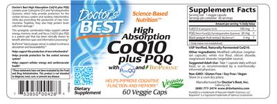 Photo of the Doctor's Best High Absorption CoQ10 Plus PQQ label