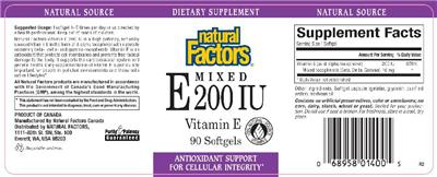 Photo of the Natural Factors Mixed E 200 IU Vitamin E label