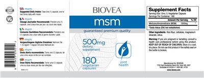 Photo of the BIOVEA MSM 500 mg label