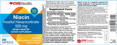 Photo of the CVS Health Flush Free Niacin Inositol Hexanicotinate 500 mg label
