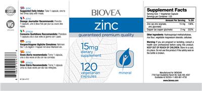 Photo of the BIOVEA Zinc 15 mg label
