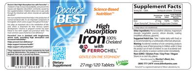 Photo of the Doctor's Best High Absorption Iron With Ferrochel 27 mg label