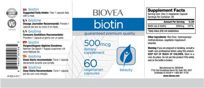 Photo of the BIOVEA Biotin 500 mcg label