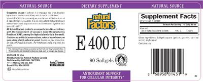 Photo of the Natural Factors E 400 IU label