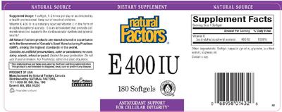 Photo of the Natural Factors E 400 IU label