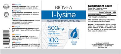 Photo of the BIOVEA L-Lysine 500 mg label