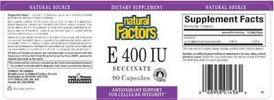 Photo of the Natural Factors E 400 IU Succinate label