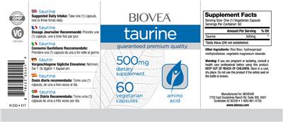 Photo of the BIOVEA Taurine 500 mg label