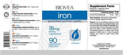 Photo of the BIOVEA Iron 18 mg label