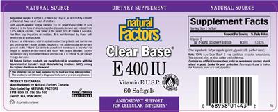 Photo of the Natural Factors Clear Base E 400 IU Vitamin E label