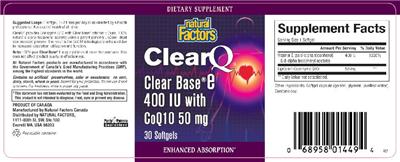 Photo of the Natural Factors ClearQ Clear Base E 400 IU With CoQ10 50 mg label