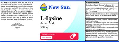 Photo of the New Sun L-Lysine 500 mg label