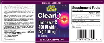 Photo of the Natural Factors ClearQ Clear Base E 400 IU With CoQ10 50 mg label