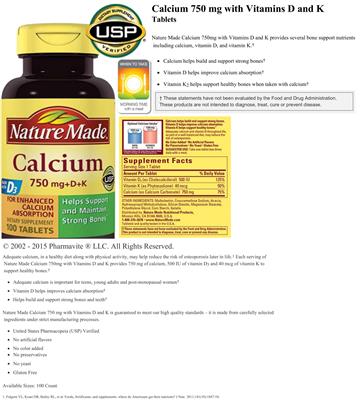 Photo of the Nature Made Calcium 750 mg+D+K label