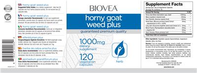 Photo of the BIOVEA Horny Goat Weed Plus 1000 mg label