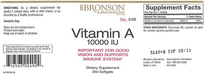 Photo of the Bronson Laboratories Vitamin A 10000 IU label