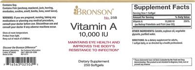 Photo of the Bronson Vitamin A 10,000 IU label