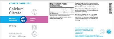 Photo of the Cooper Complete Calcium Citrate 500 mg label