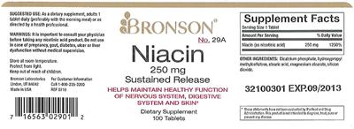 Photo of the Bronson Niacin 250 mg Sustained Release label
