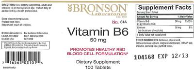 Photo of the Bronson Laboratories Vitamin B6 50 mg label