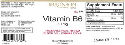 Photo of the Bronson Laboratories Vitamin B6 50 mg label