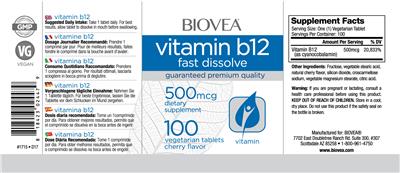 Photo of the BIOVEA Vitamin B12 500 mcg Cherry Flavor label