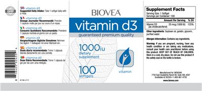 Photo of the BIOVEA Vitamin D3 1000 IU label