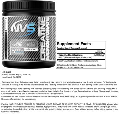 Photo of the NVS Labs Micronized Creatine Monohydrate 5000 mg Unflavored label