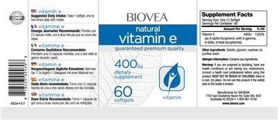 Photo of the BIOVEA Natural Vitamin E 400 IU label